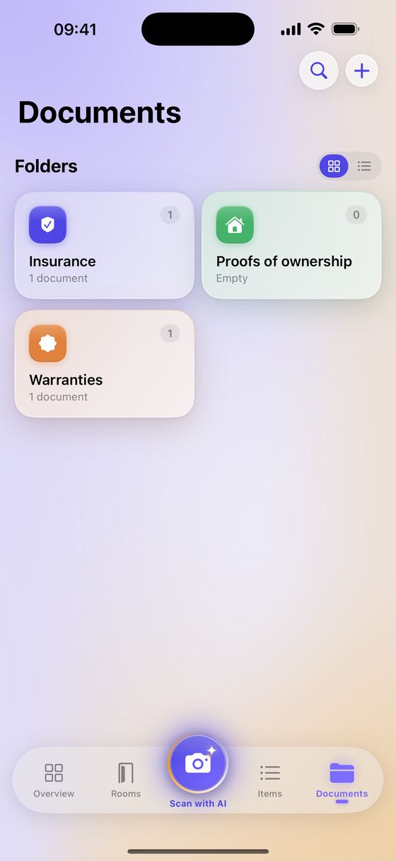 Documents in folders: Insurance, Proofs of ownership and Warranties.