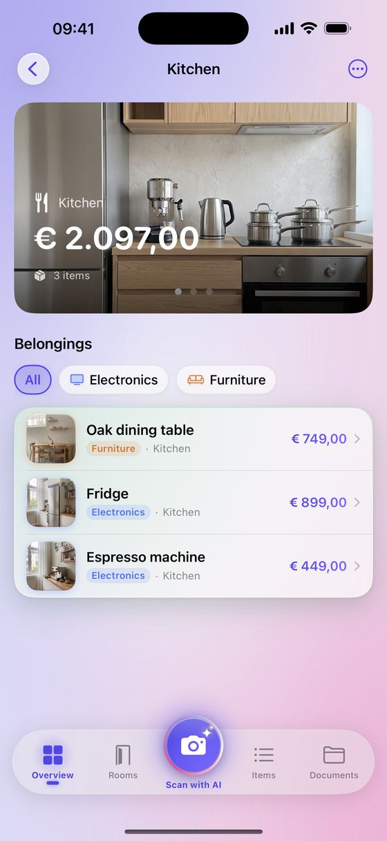 The kitchen in Keep2Protect: €2,097.00 in belongings, including a dining table, fridge and espresso machine.