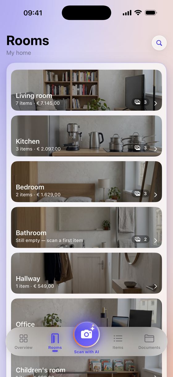 The Rooms tab with photos of the living room, kitchen, bedroom and bathroom.