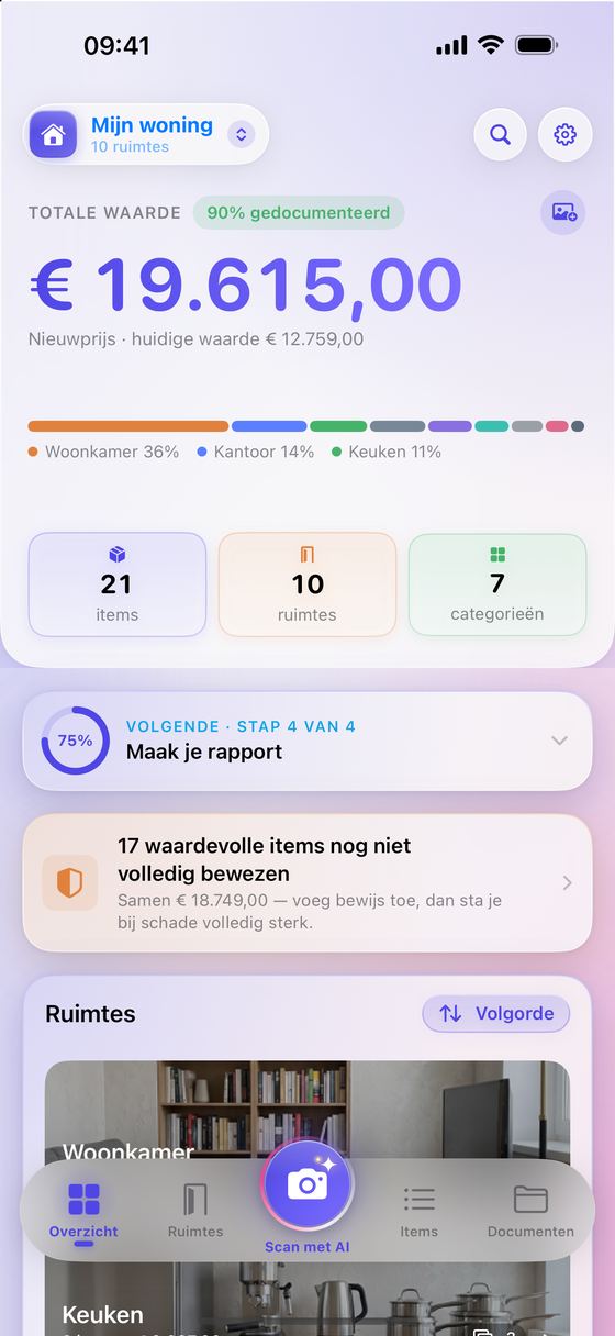 Het Overzicht met de totale waarde en de verdeling per ruimte.